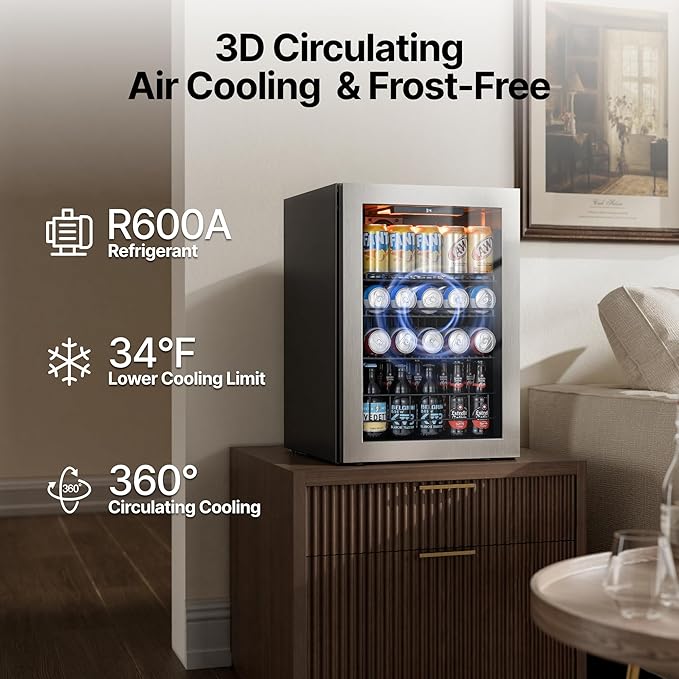 Ca'Lefort Mini Fridge Beverage Cooler, 85 Can Beverage Refrigerator with Reversible Glass Door, Adjustable Shelves for Soda, Beer & Drinks, Digital Temperature Control for Dorm, Office & Home