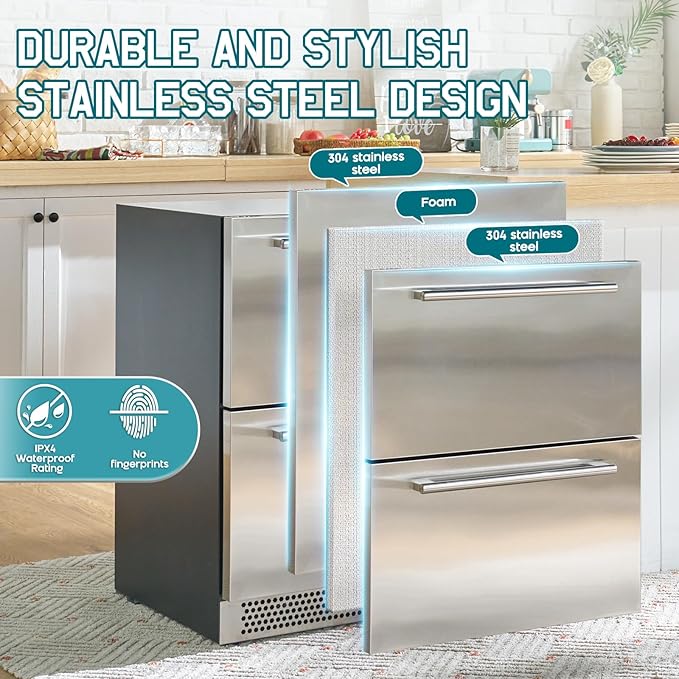 Albott 24 Inch Under Counter Drawer Fridge – Stainless Steel Dual-Zone Beverage Refrigerator with LED Touch Control, Adjustable Storage, Frost-Free, Low Noise, 37℉-50℉, -0.4℉ to 37℉