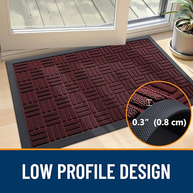 OLANLY Front Door Mat Outside Entrance 29.5x17, Absorbent, Heavy Duty Sturdy Natural Rubber Doormat Indoor Outdoor, Non-Slip, Stain and Fade Resistant, Low Profile Floor Mat for Entryway, Burgundy