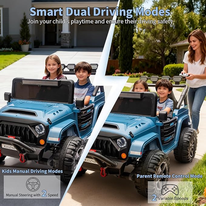 Kids 24V 2-Seater Electric Ride On Car, 4x4 Ride On Truck w/Remote Control, 4-Wheeler Suspension, 3 Speeds, Led Lights, Bluetooth, Ride on Car Toy for Kids Ages 3-8, Lake Blue