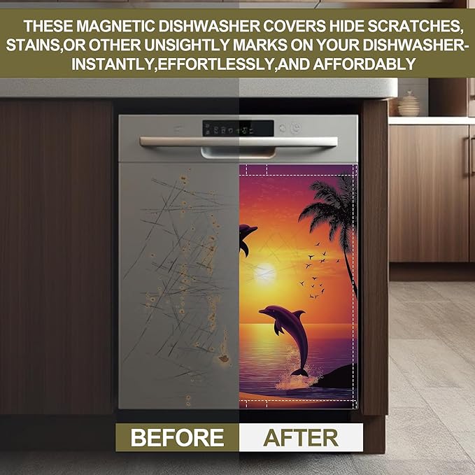 Magnetic Dishwasher Cover,Ocean Dolphin Reusable Dishwasher Magnetic Cover Sunset Plam Decorative Door Covers Panel for Home Kitcen 23" x 26"