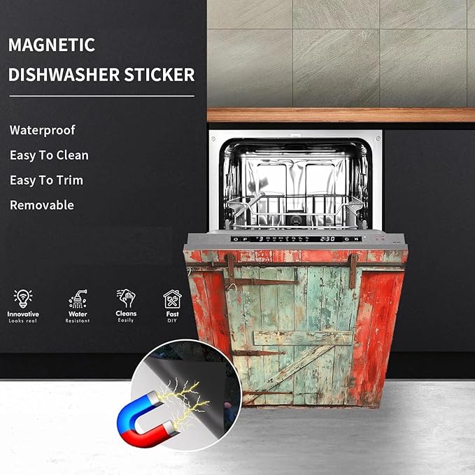 Paint Peeling Wood Door Dishwasher Decorative Cover, Vintage Barn Door Fridge Panel Decal, Dishwasher Skin Cover Sticker 23" W x 26" H Ordinary
