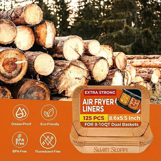 8.6x5.5 inches Rectangular For Ninja Dual Air Fryer Liners Disposable Parchment Paper Liner Airfryer 8-12 QT Basket inserts Filter Sheets EXTRA THICK 40 GSM - Pack of 125