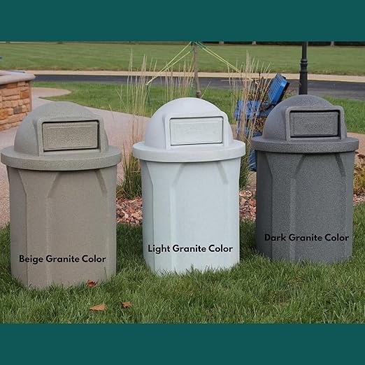 Campus Collection 42 Gallon Slatted Circle 100% Recycled Plastic Commercial Outdoor or Indoor Trash Can with Push Open Dome Lid and Internal Liner | Great for Schools and Businesses - Beige Granite