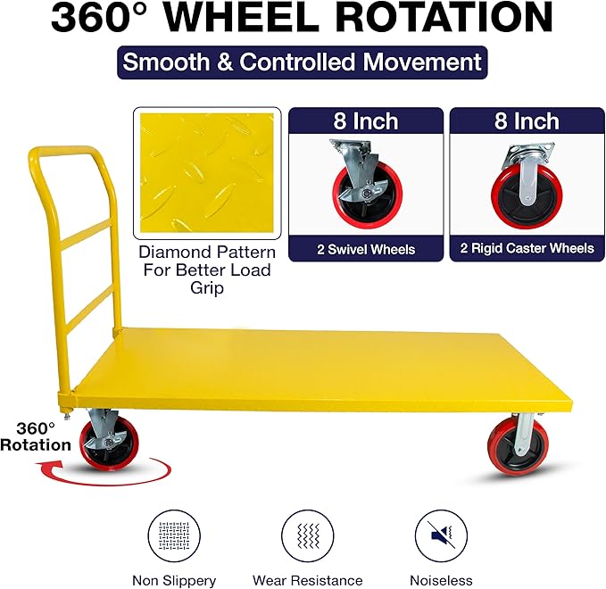 Platform Cart Industrial Dolly Cart 3300LB Heavy Duty 60” x 30” Platform Hand Truck Push Cart Super Heavy Duty Diamond Plate Commercial Flatbed Cart with 8'' Moving Swivel Wheels (Yellow)