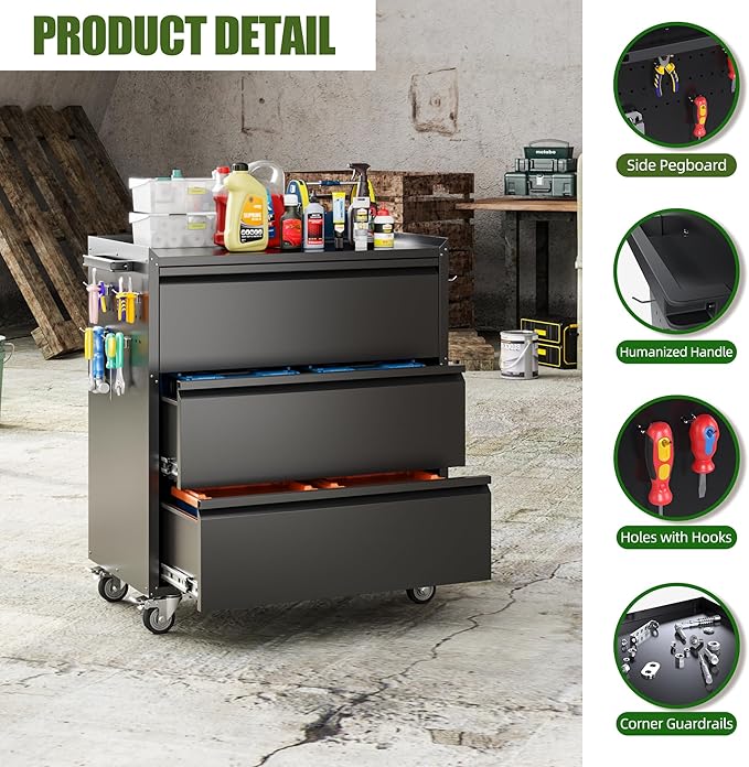 Aobabo Garage Storage Cabinet with 3 Drawers and 4 Hooks,Metal Storage Cabinet with Wheels for Garage Home,Required Assembly,Black,18.11" D x 30.3" W x 35.4" H