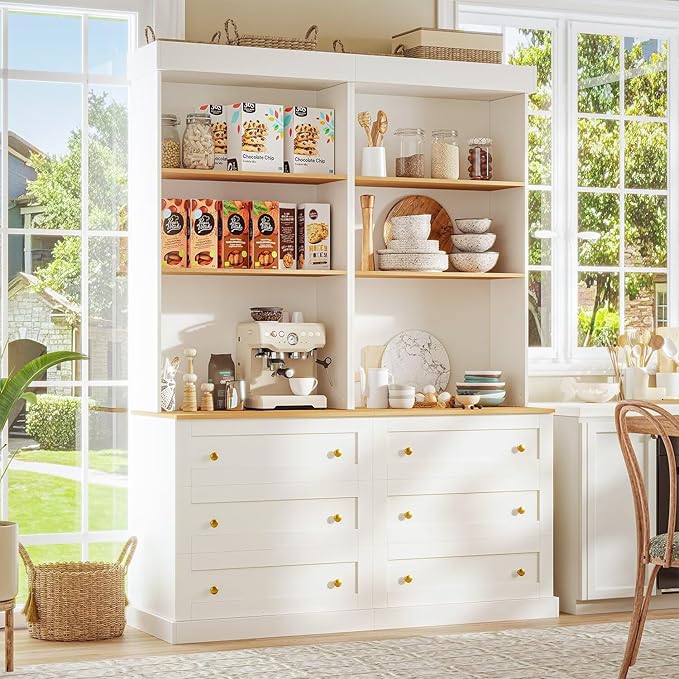 Vyre 71" Farmhouse Kitchen Pantry Cabinet Set of 4, White Freestanding Coffee Bar Hutch with Drawers & Adjustable Shelves, Large Storage Cabinet with Microwave Stand for Living Room & Kitchen