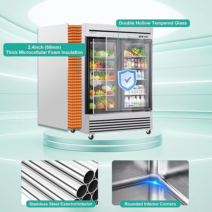 54" Commercial Glass Door Refrigerator, 49 Cu.Ft Double-Door Reach-In Cooler, 33–40℉, Double-Layer Low-E Glass, 8 Shelves, R290