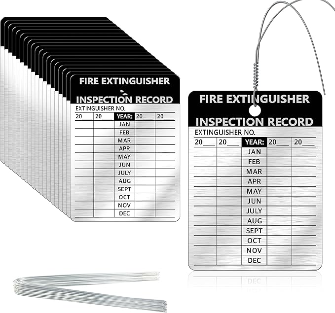50 Pcs Waterproof Fire Extinguisher Inspection Tags Metal with Wires 2.3 x 3 Inch Durable Metal Fire Tags for Monthly Fire Safety Check Indoor Outdoor Use Weather Resistant Writeable Surface (50)