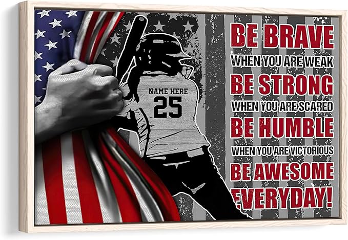 Personalized Softball Poster & Framed Canvas, Softball Player Be Awesome Everyday Home Office Decor, Custom Name Number Bedroom Living Room Aesthetic Wall Art Gift For Girl, Daughter