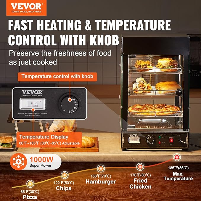 VEVOR 3-Tier Commercial Food Warmer Display, 1000W Food Display Warmer with Light, Adjustable Shelf and Temperature Display, 86℉~185℉ Steam Heating, 57L for Hamburger, Pizza, Bread, Fried Chicken