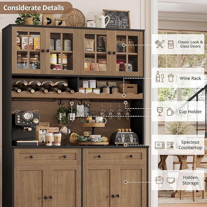 HOSTACK 75.4" Tall Kitchen Pantry Cabinet with Charging Station, Modern White Kitchen Hutch with Microwave Stand and Wine Rack, Large Food Pantry Storage Cabinet with Glass Doors and Drawers, Brown