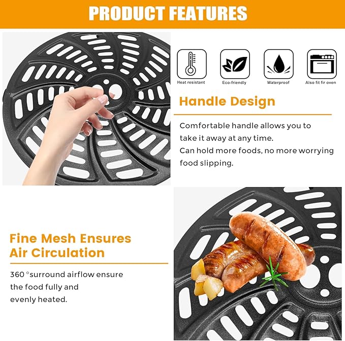 GWY Air Fryer Grill Plate for Gourmia GAF686 GAF698 Air Fryer, Oval Nonstick 9.3''×8.9'' Air Fryer Replacement Parts Rack Tray Basket Grill Pan Accessories Crisper Plate with Rubber Bumpers