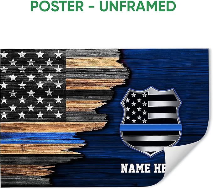 Custom Police Blue Line American Flag Back The Blue Personalized Name Poster & Framed Canvas, Wall Art Home Office Decoration Living Room Bedroom Aesthetic Decor