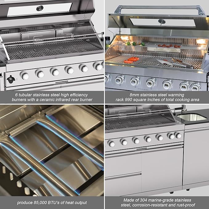 Outdoor Kitchen Island, 82 Inch 6 Burner Gas Grill Combination With Refrigerator and Sink, Outdoor Stainless Steel Barbecue Bar, Propane Grill, 85000 BTUs (82"-Silver, Propane)