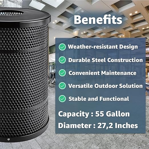55 Gallon Perforated Trash Can with Flat Lid, Steel Outdoor Heavy-Duty Commercial Waste Bin, Round Recycle Container, Durable Garbage Can for Parks, Municipalities, Schools, Parking