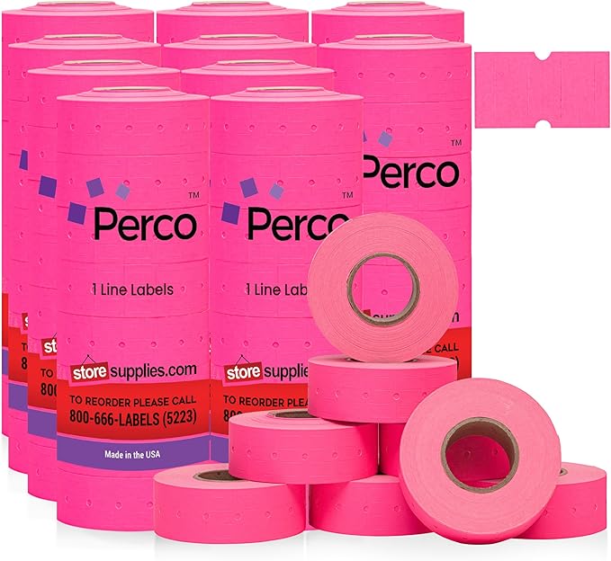 Perco 1 Line Fluorescent Pink Labels - 80 Rolls, 10 Sleeves, 80,000 Blank Price and Date Gun Labels for Perco Lite, X, Plus and Pro 1 Line Price and Date Guns - Made in USA