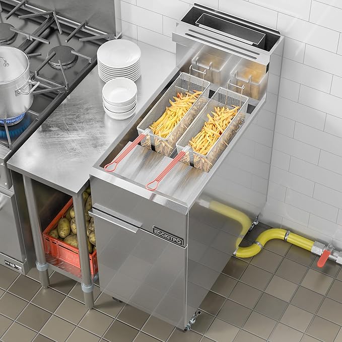 EGGKITPO Commercial Natural Gas Fryer 120,000 BTU 4 Burners Floor Standing Fryer CSA Certified Stainless Steel Deep Fryer with 2 Baskets 50 lb Capacity for Restaurant and Business