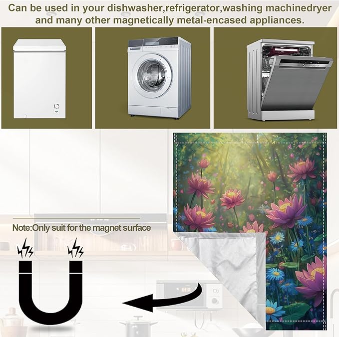 Fantasy Garden Dishwasher Magnet Cover,Colorful Flowers Kitchen Decor Waterproof Refrigerator Magnet Appliance Cover Protector,23Wx26H Inches