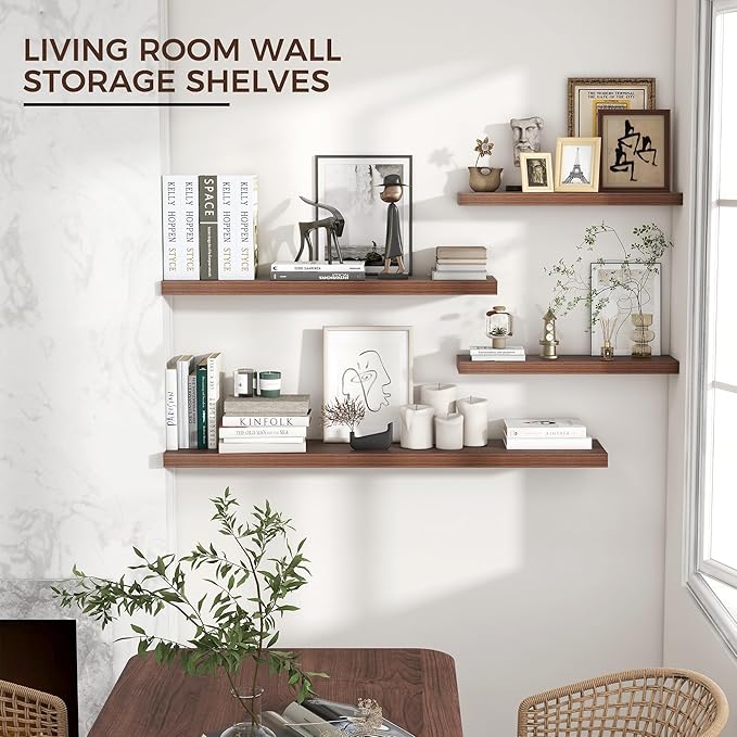 Floating Shelves for Wall 36"W x 7.8"D x 1.5"H, Engineered Wood Wall Shelves with Invisible Brackets for Living Room Bedroom Bathroom Office Kitchen Decor and Storage, Walnut Finish, Set of 2