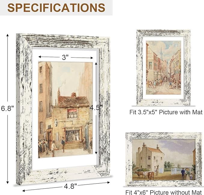 Vittanly 4x6 Picture Frame, Solid Wood Frame with Plexiglass, Includes 3.5x5 Mat, Wall Hanging or Tabletop for Home Decor, Distressed White, 1 Pack