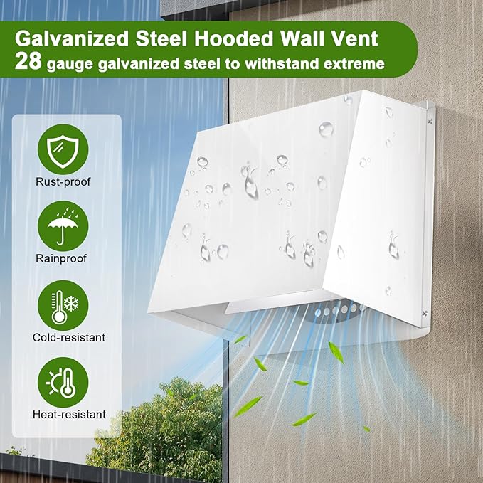 10 Inch Hooded Wall Vent, Dryer Wall Vent Cover Outside with Screen and Damper, Wall Exhaust Vent Cover, Outdoor Air Vent Cap for Range Hoods/Kitchen/Bathroom/Laundry/Basements/Garages, White