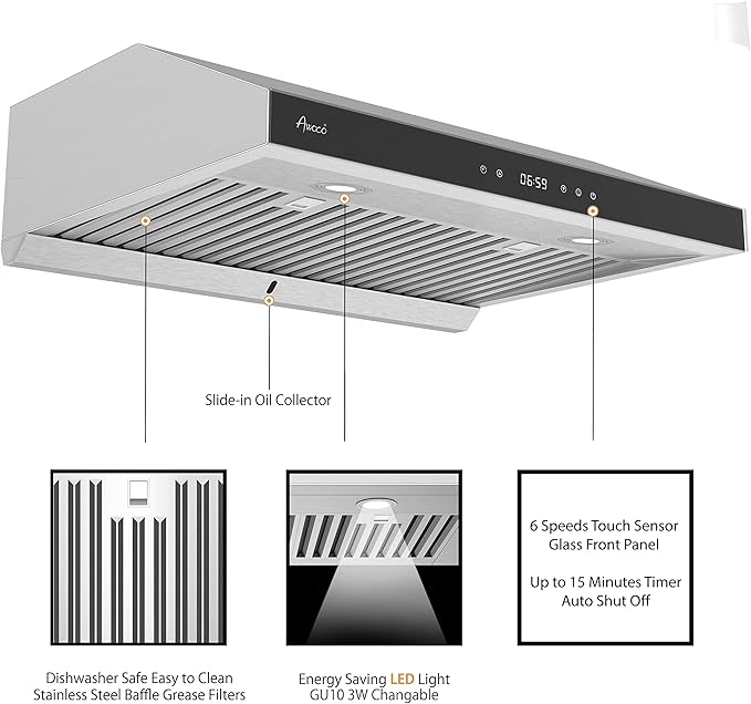 Awoco 30" Stainless Steel Under Cabinet 6 Speeds 900 CFM Range Hood with Tempered Glass Touch Panel, LED Lights, Baffle Filters and Oil Collector, 7" High