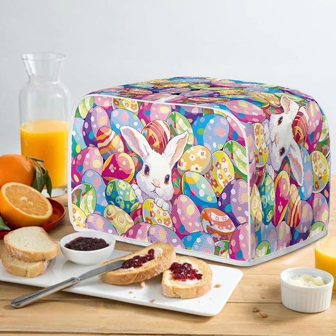 UNICEU Easter Colorful Eggs Cute Rabbit 4 Slice Quilted Toasters Cover, Dust-proof Toasters Cover Bread Maker Cover Kitchen Small Appliance Dust Cover