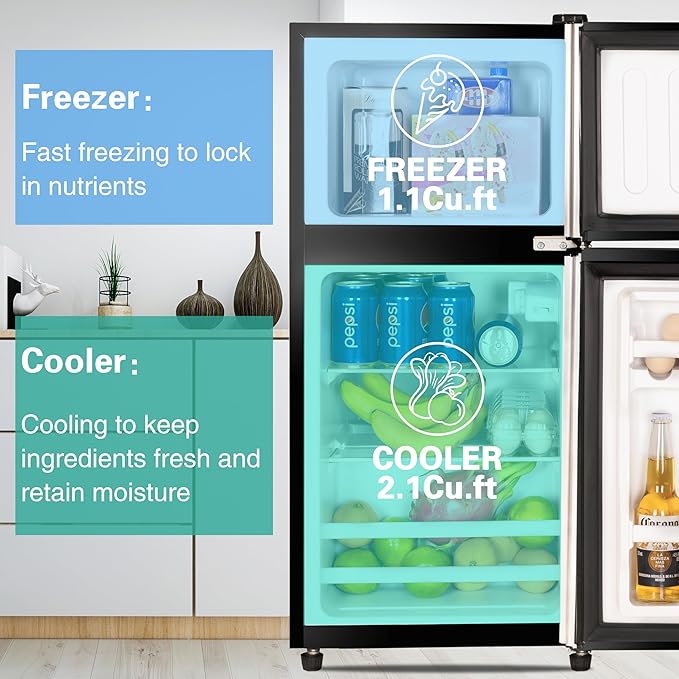 Anukis Compact Refrigerator 3.2 Cu Ft 2 Door Mini Fridge with Freezer for Apartment, Dorm, Office, Family, Basement, Garage - Silver