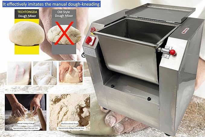 TECHTONGDA Commercial Dough Mixer All Stainless Steel Pizza Dough Mixer 110V Dough Blender Kneading Machine with 50 KG Kneading Capacity and 90 Degree Tilt for Schools Bakeries Restaurants Pizzerias