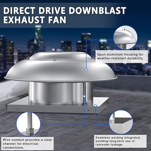 Roof Mounted Downblast Exhaust Fan Direct Drive Axial Exhaust Fan -26" Fan Base, 1/3 HP 2400 CFM 115 Volt Single Phase Motor