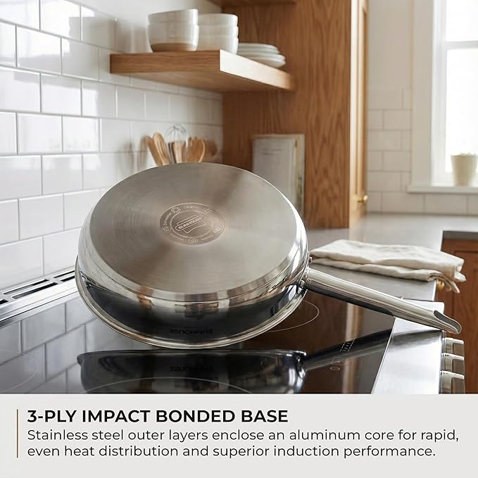 Sunhouse 10 Inch Tri-Ply Stainless Steel Frying Pan, Whole-Clad No Coatings Skillet with Stay-cool Handle for Cooking, Durable & Oven Safe to 500°F, Dishwasher Safe, Compatible with All Cooktops