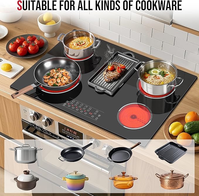 30 Inch Electric Cooktop 5 Burner, 8400W Built-in Electric Stove Top, 30" Ceramic Cooktop with Expanded Zone, Touch Control, Timer, Pause Control, Safety Lock, 220-240V, Hard Wire, No Plug