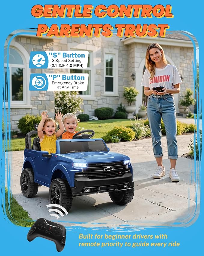 ENYOPRO 2 Seater Ride on Car for Kids, 24V Licensed Chevy Silverado LT Trail Boss Battery Powered Electric Car for Toddlers w/Remote Control, Metal Suspension, Soft Start, Bluetooth, LED Lights (Blue)