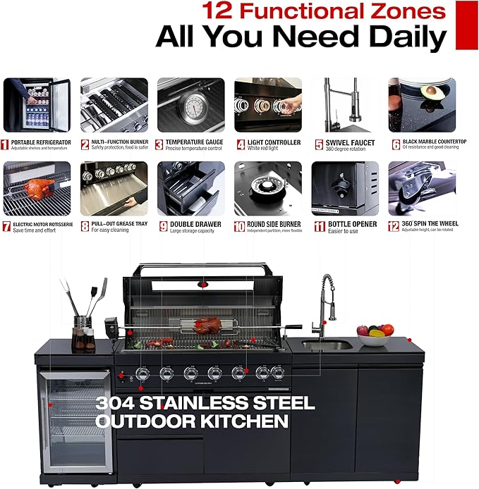 95-Inch Outdoor Kitchen Island Grill - 43” 6-Burner 85000 BTU Propane Gas Grill w/Wine Cooler/Refrigerator, Rotisserie Kit, Granite Countertops, Stainless Steel Sink, 304 Marine Grade SS, Black