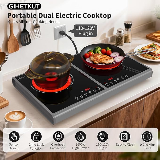 Electric Cooktop,110V 3600W Stove top, 20 inch Countertop with 9 Power Levels,LED touch control,Overheat Protection,Child Safety Lock & Timer,touch control 2 burner Electric cooktop