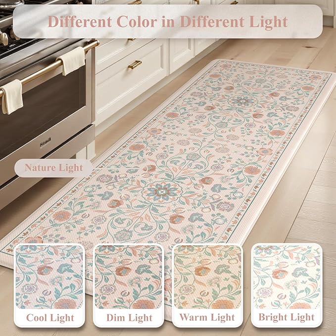 KIMODE Comfort Kitchen Mats Cushioned Anti Fatigue,Boho Floral Kitchen Rugs Sets of 2 Non Slip,Wide Padded Memory Foam Ergonomic Standing Carpet for Laundry Sink Office,Pink