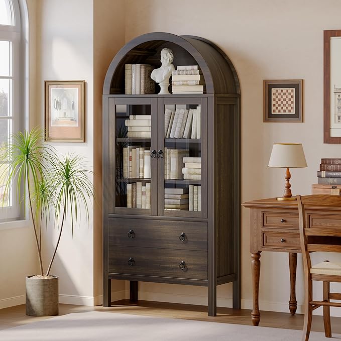 Arched Cabinet, 71" Tall Wooden Storage Cabinet, Arched Bookshelf with Glass Doors and Drawer for Living Room, Kitchen, Dining Room (Taupe Brown)
