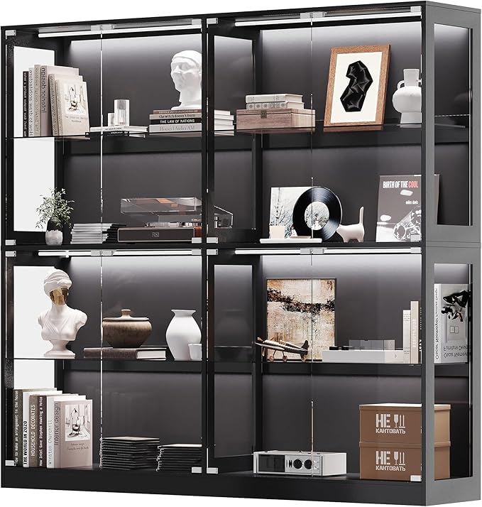 AMERLIFE RGB Display Cabinet with Adjustable Glass Shelves, 4-Tier Storage Case with LED Lights & Press-to-Open Doors, Modern Display Shelf for Collectibles, 70" H×75" L×16" D