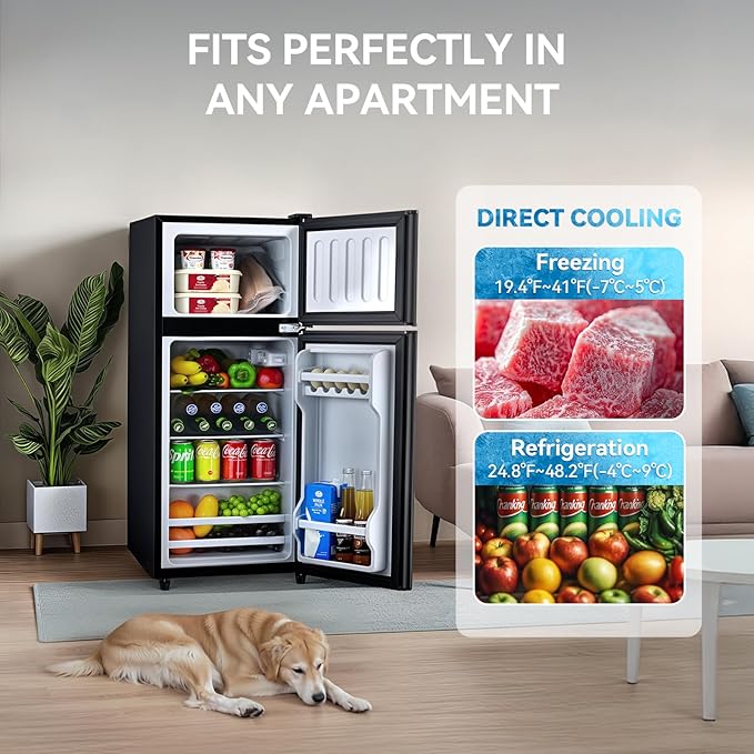 4.0 Cu.Ft Fridge with Freezer, Double Door Refrigerator with 6 Level Thermostat, LED Light, Adjustable Glass Shelves for Bedroom, Office, Dorm, Apartment, Black