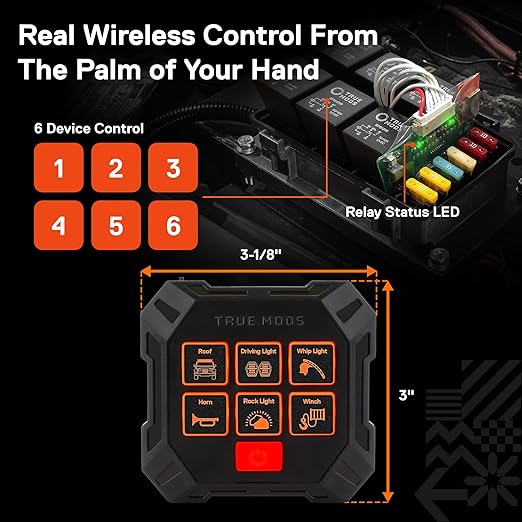 True MODS 12V DC Wireless 6 Gang Switch Panel Controller Kit [USB-C Rechargeable] Universal Pre-Wired Waterproof Fuse Relay Switch Box Aux Control for Automotive Vehicle Car Marine Boat Jeep UTV RV