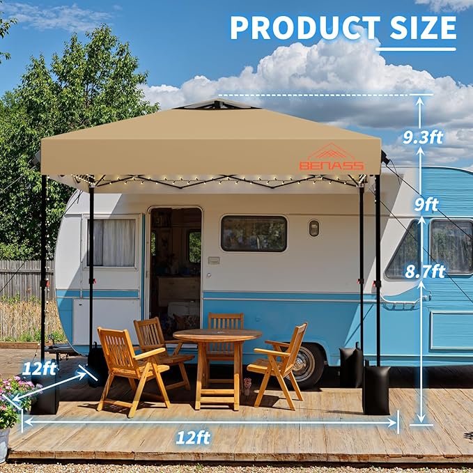 12x12 Pop Up Canopy, Easy Up Canopy Tent, Heavy Duty Tents for Parties, One Person Set Up Event Tent, Khaki