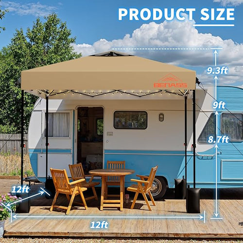 12x12 Pop Up Canopy, Easy Up Canopy Tent, Heavy Duty Tents for Parties, One Person Set Up Event Tent, Khaki