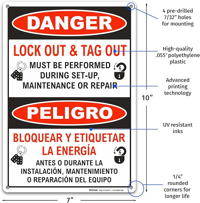 Brimar - 7 x 10" - Bilingual Danger Lock Out & Tag Out Sign - Polyethylene Plastic - High Visibility - Easy Installation
