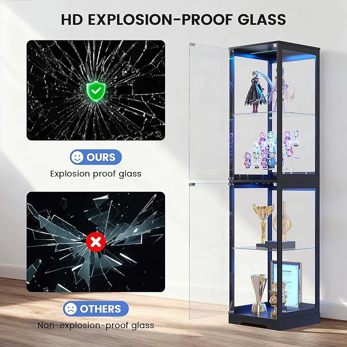 Glass Display Cabinet with Doors, 65" Tall 4-Tier Curio Display Case with 3 Color Lights and Human Body Sensor, Bookcase for Collectibles, Black
