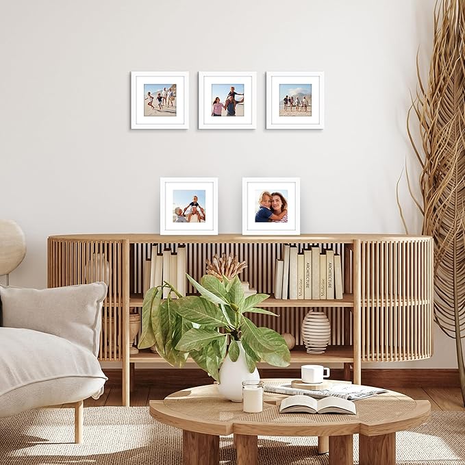 Americanflat 9x9 Picture Frame with Polished Plexiglass - Set of 5 - Use as 6x6 Frame with Mat or Display 9x9 Photo Without Mat - Galleria Collection - Square Frames for Tabletop and Wall - White