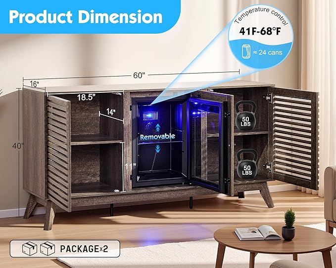60" Bar Cabinet with Built-in Mini Fridge, Wine & Coffee Storage Sideboard with Beverage Cooler for Home Bar, Living Room or Office, Grey