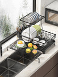 MIKEE 2-Tier Dish Drying Rack for Kitchen Counter, Expandable Rustproof Dish Drainer - Over The Sink Dish Drying Rack with 360° Rotating Drain, Kitchen Utensil Holder, Home and Kitchen Organization