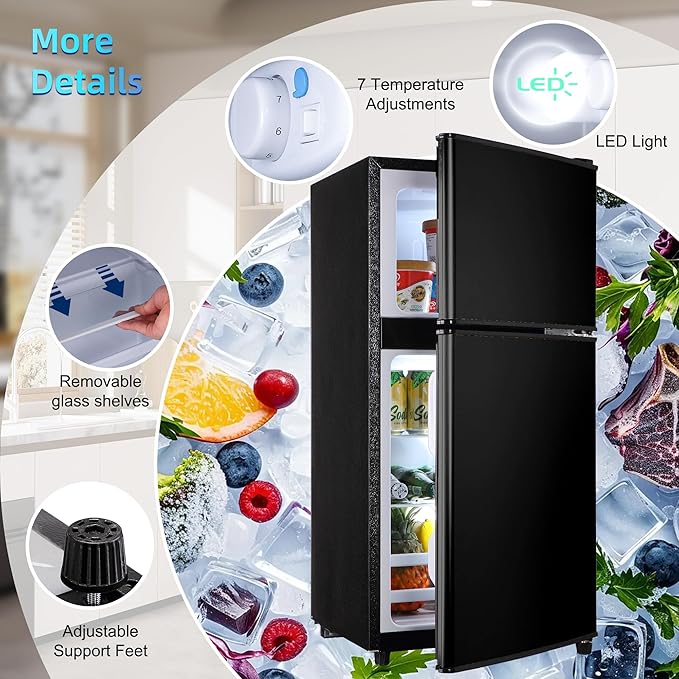 Mini Fridge with Freezer, 4.0 Cu. Ft. Double-Door Mini Refrigerator with 7-Level Adjustable Thermostat & Adjustable Glass Shelves, Compact Dorm Fridge 37 dB Low Noise for Bedroom, Apartment, Black