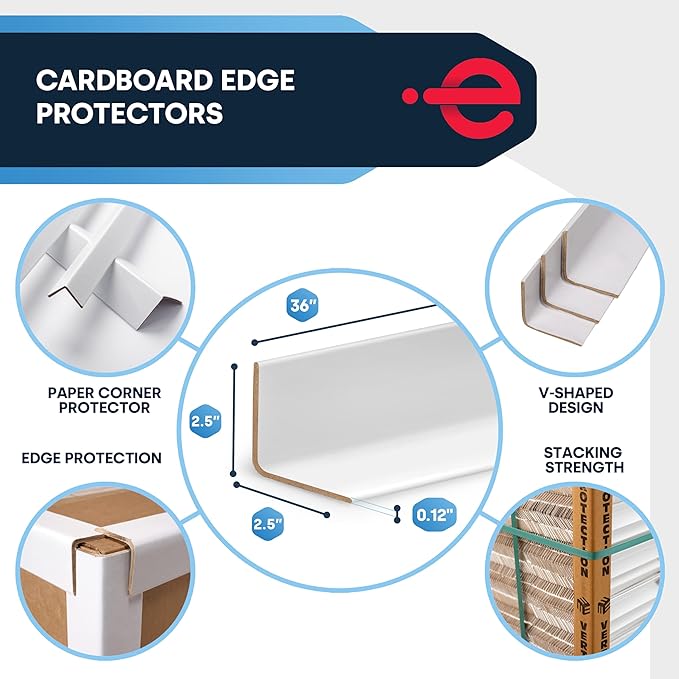Cardboard Edge Protectors for Shipping - 2.5"W x 2.5"D x 36"L, Light Duty, Pallet Corner Protectors, Angle Boards, White, 45/Pack